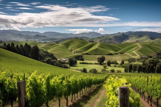lush vineyard with rolling hills and majestic mountains in the background, created with generative ai