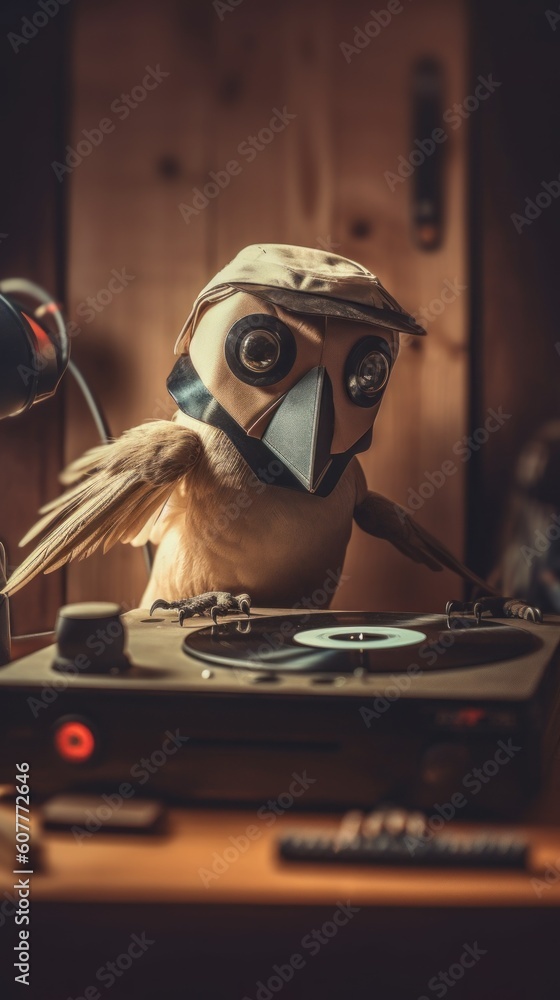 Poster a bird wearing a mask and playing a record on a turntable. generative ai image.