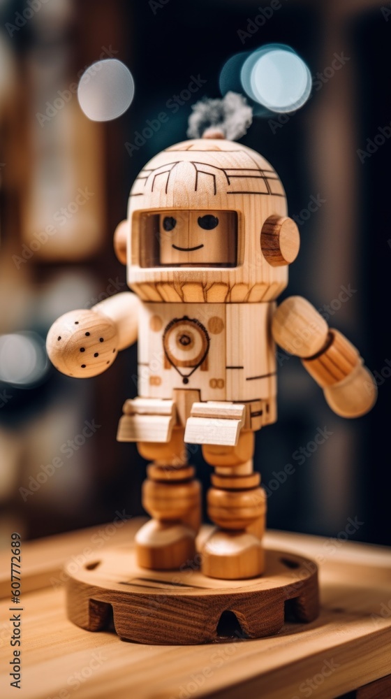 Poster a wooden robot on a table with a blurry background. generative ai image.