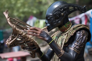 alien performing intricate dance, or playing a musical instrument, during local festival, created with generative ai