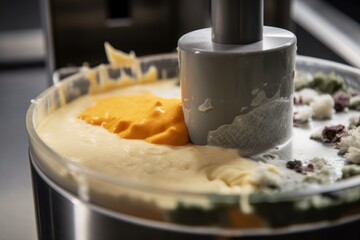 close-up of mixing blade in commercial processor, with ingredients being blended together, created with generative ai