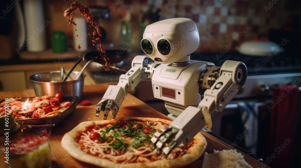 Poster a robot that is standing over a pizza. generative ai image.