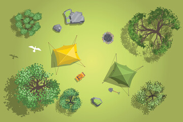 Vector illustration of a tourist clearing with tents, backpacks, fire pit, trees, birds. View from above. Active leisure. Camping. Top view. Ecotourism. - 607772812