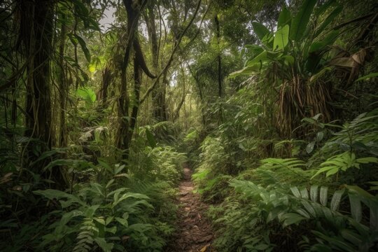 jungle trail winding its way through dense foliage, with glimpses of the sky above, created with generative ai
