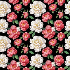 Seamless floral pattern with peony flowers, tileable, Generative AI