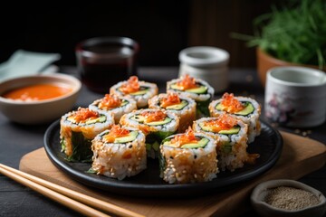 japanese sushi roll with a korean twist, featuring kimchi and hot sauce, created with generative ai