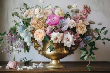 bouquet of pastel flowers in gold vase, created with generative ai