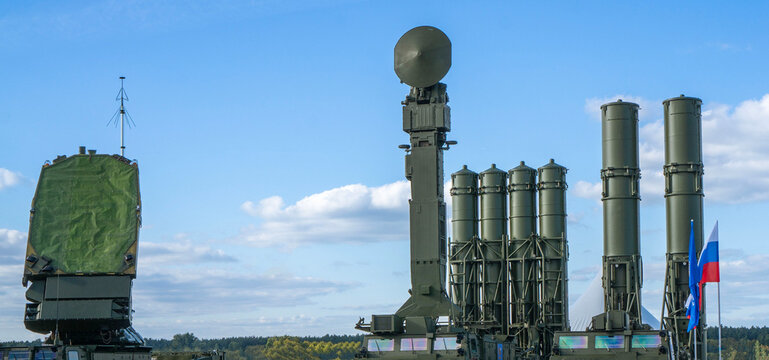 Launcher of the S-300 "Favorit" or S-400 "Triumph" anti-aircraft missile system of the military air defense at MAKS. Close-up. MAKS-2013 Close-up.  Zhukovsky, Russia - August 27, 2013