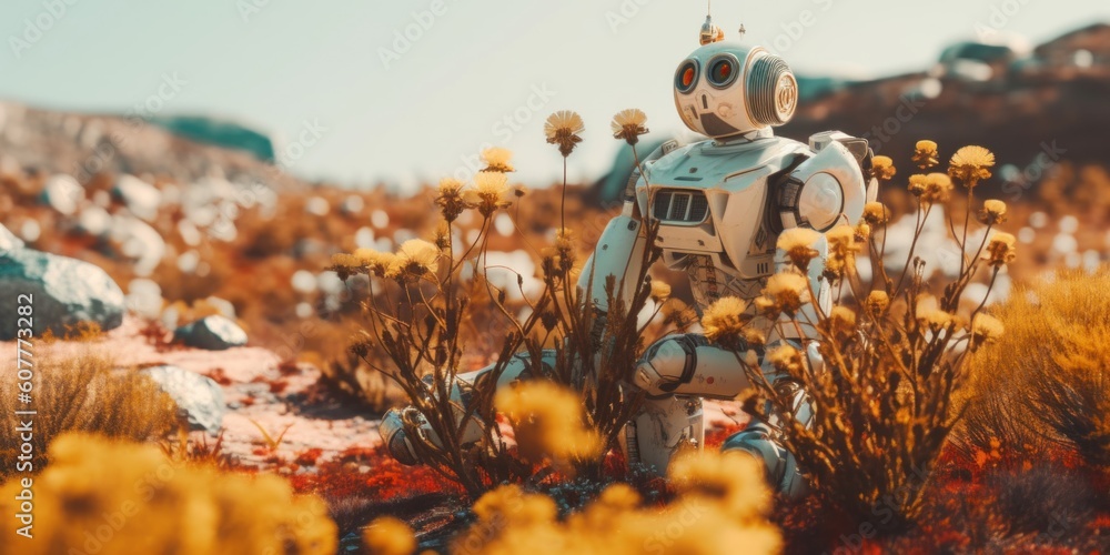 Poster a robot standing in a field of yellow flowers. generative ai image.