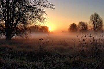 sunrise, with misty meadow and silhouetted trees in the background, created with generative ai