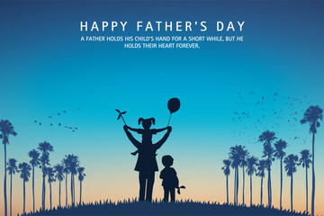 Silhouette of father with his children’s. Enjoying the scenic view with sunset background. Father’s Day concept.