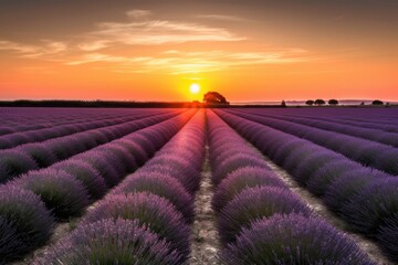 lavender field with sun setting behind the horizon, creating a breathtaking view, created with generative ai
