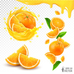 Set of fresh whole and sliced orange, transparent fresh citrus juice splash, falling ripe oranges and slices. 3d realistic vector food illustration isolated on white background