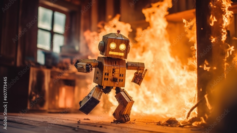 Poster a robot that is standing in front of a fire. generative ai image.