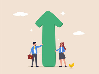 Business challenge concept. Business growth and risk to fall down, team success or career development, strategy to win big earning and profit, businessman carry huge growing up arrow with colleague.
