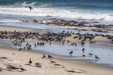 Fototapeta premium oil spill on sandy beach, with seagulls and pelicans flying overhead, created with generative ai