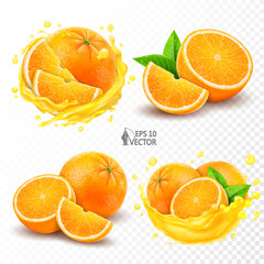 Set of natural whole orange fruits with half and green leaves isolated on white background. Transparent splash of fresh squeezed cirtus juice. 3d realistic vector illustration