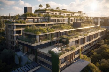 Obraz premium eco-friendly hotel, with solar panels and rooftop garden, overlooking the city, created with generative ai
