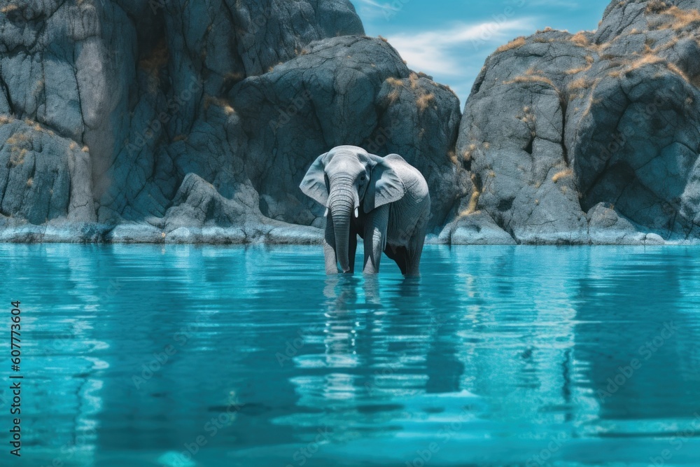 Poster an elephant standing in the middle of a body of water. generative ai image.