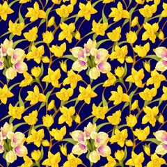 Naklejka na ściany i meble Seamless floral pattern with daffodil flowers, tileable, Generative AI