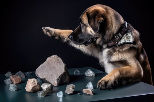 canine astronaut examining mysterious meteorite with his paws, created with generative ai