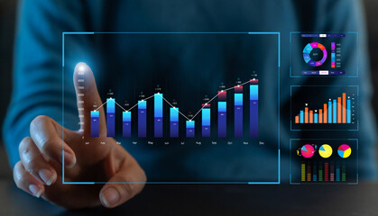 People with business analyzing and data management system and make report with KPI, strategy, finance, sales, marketing, money, business growth, financial investment graph