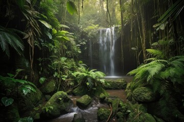 majestic waterfall cascading over lush jungle landscape, created with generative ai