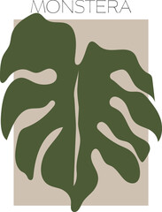 Abstract botanical poster - minimalist tropical leaf retro 70s style monstera art print. Vector illustration.
