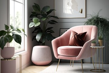 a pink armchair in a minimalist living room, surrounded by sleek furniture and modern decor, created with generative ai