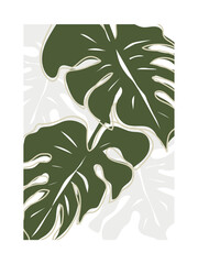 Abstract botanical poster - minimalist tropical leaves in retro 70s style. Monstera art print, vector illustration.