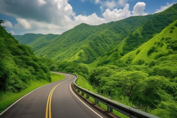 Naklejka premium scenic highway, with rolling hills and lush greenery, leading to mountain range in the distance, created with generative ai