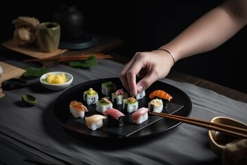 Obraz na płótnie Canvas food stylist, arranging different kinds of sushi on a plate, created with generative ai