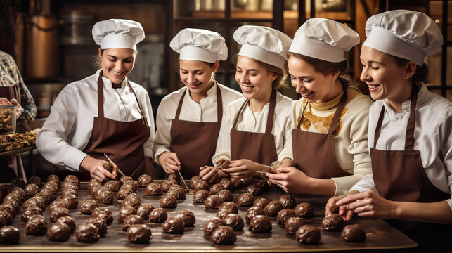 A fictional person. Group of Chocolatiers Crafting Artisanal Chocolate Truffles
