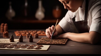 A fictional person. Skilled Chocolatier Creating Delicate Chocolate Bonbons with Chocolate Mold
