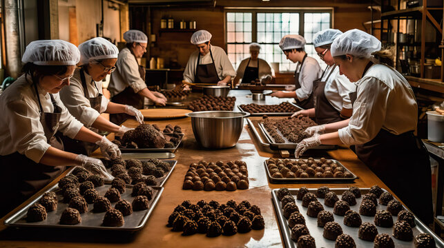 A fictional person. Group of Chocolatiers Crafting Artisanal Chocolate Truffles