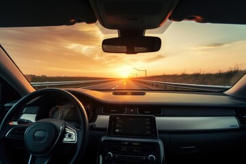 connected car driving on the highway, with view of the sunset in the background, created with generative ai