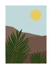 Modern abstract composition - minimalist bohemian style poster of mountain landscape, palm leaves and sun.