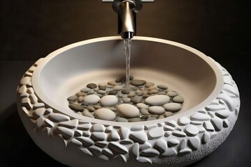 round white wash basin with waterfall faucet and river stones, created with generative ai