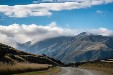 majestic mountain range, with clouds and sky above, captured from a winding road, created with generative ai