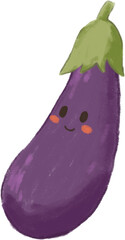 Cute and funny cartoon eggplant vegetable characters clipart with face emoticon in hand drawn crayons for decoration.