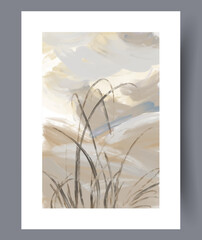 Landscape field grass sky wall art print. Contemporary decorative background with sky. Printable minimal abstract field poster. Wall artwork for interior design.