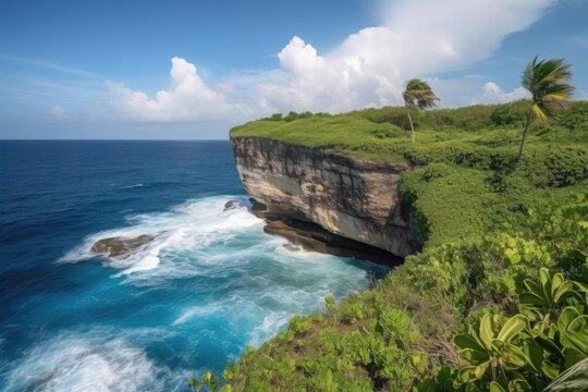tropical island with cliff-edge view of the blue sea, palm trees in the background, created with generative ai