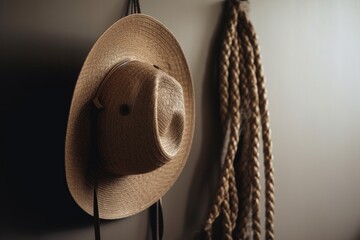 cowboy hat hanging on wall with rope coiled below it, created with generative ai