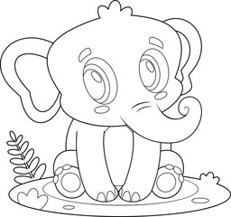 Outlined Cute Baby Elephant Animal Cartoon Character. Vector Hand Drawn Illustration Isolated On Transparent Background