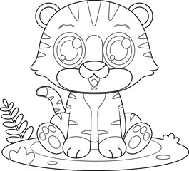 Outlined Cute Baby Tiger Animal Cartoon Character. Vector Hand Drawn Illustration Isolated On Transparent Background