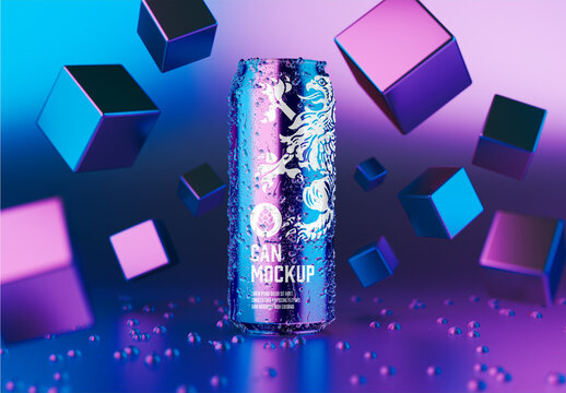 Scene with Metallic Can and Abstract Cubes Mockup