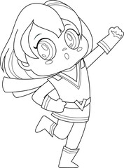 Outlined Cute Super Hero Kid Girl Cartoon Character. Vector Hand Drawn Illustration Isolated On Transparent Background