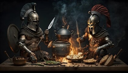 Ancient soldiers are cooking. Generative AI
