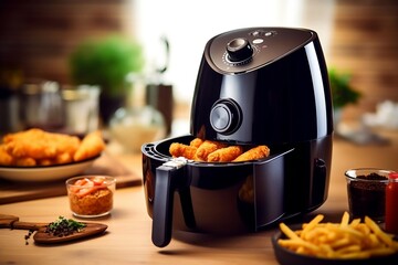 A black air fryer or oil-free fryer appliance placed on a wooden table. AI