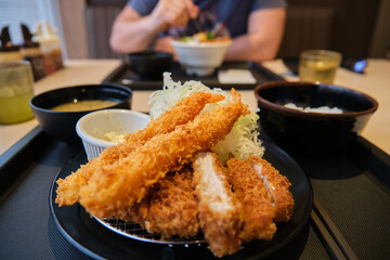 Tonkatsu set with prawn. Panko breaded deep fried pork cutlet served with shredded cabbage.